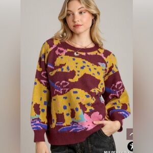 Umgee Animal Jacquard Print Pullover Sweater in Mulberry Mix